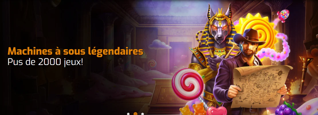Casino Intense bannière des machines à sous avec plus de 2 000 jeux, un dieu Anubis et un aventurier explorant un univers de bonbons